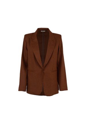 Blazer marrone su misura con risvolti a dente di sega, maniche lunghe e due tasche frontali a filetto, mostrato su sfondo bianco semplice.