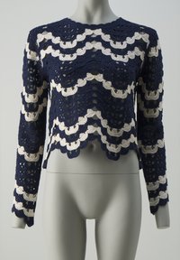 Maglione all'uncinetto in navy e crema con maniche lunghe, motivo a scallop e finitura testurizzata. Design corto con spacco laterale all'orlo.