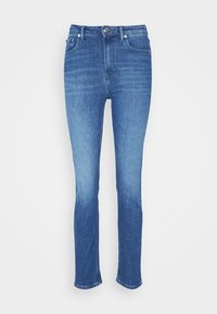 Modré džíny z denimu s úzkým střihem, vysokým pasem, rovnými nohavicemi a klasickým designem s pěti kapsami. Světle opotřebované u dolního lemu.