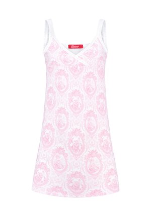 Sleeveless nightdress in white cotton with pink ornate pattern and scalloped trim. V-neck design with a relaxed fit.