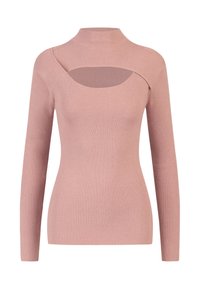 Rippstrickpullover in sanftem Rosa, mit langen Ärmeln und einem runden Ausschnitt mit einem Ausschnittdetail unterhalb des Halsausschnitts.