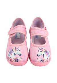 Rosa Stoffschuhe mit einem Einhorndesign und floralen Akzenten. Verfügt über einen Klettverschluss und ein weiches, strukturiertes Innenfutter. Flache Sohle.