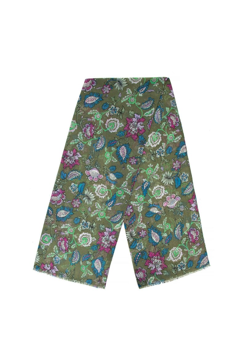 Foulard verde floreale con intricati motivi in rosa, blu e bianco, dalla texture soffice e con bordi sfrangiati. Forma rettangolare.