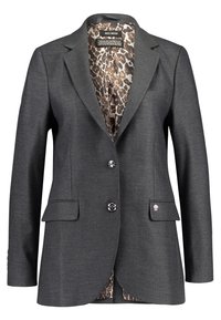 Blazer gris foncé sur mesure avec deux boutons argentés, poches à rabat, et doublure intérieure imprimée léopard visible à l'ouverture frontale.
