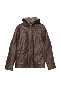 Chaqueta de cuero sintético marrón con una capucha negra texturizada, dos bolsillos en el pecho con cremallera y dos bolsillos inferiores también con cremallera, presentando un diseño acolchado en los hombros.