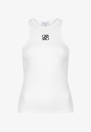 Witte geribbelde tanktop met een ronde halslijn en een strakke pasvorm, versierd met zwarte geborduurde cijfers "06 90" op de voorkant.