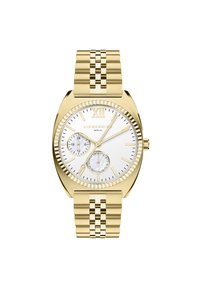 Goldfarbene Armbanduhr mit einem weißen Zifferblatt, zwei Unterziffernblättern und einem Gliederarmband. Enthält römische Ziffern XII und Minutenmarkierungen mit polierter Oberfläche.