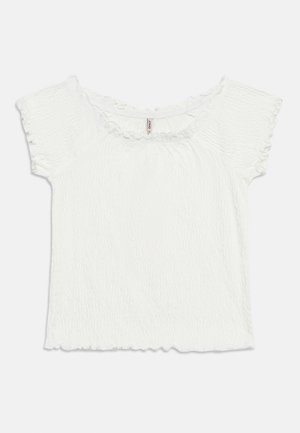 Fehér, rövid ujjú, texturált blúz elasztikus fodros nyakkivágással és ujjakkal, könnyű anyagból készült.