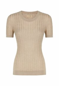 Beige kurzärmliges Strickoberteil mit einem gerippten Design und runder Halslinie. Aus weichem Stoff gefertigt, mit einer figurbetonten Silhouette. Keine sichtbaren Beschläge.