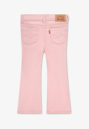 Jasnoróżowe dziecięce dżinsy z tylnymi kieszeniami, pasem z szlufkami i naszywką z logo Levi's na pasie.