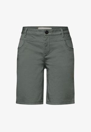 Pantalones cortos de algodón verdes con una textura suave, bolsillos delanteros y cierre de botón en la cintura. Corte recto con dobladillos cosidos.