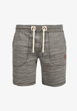 Szürke pamut keverék rövidnadrág textúrált anyagból, rugalmas derékpánttal, krémszínű zsinórral és oldalsó zsebekkel. Bőr logó címke elöl.