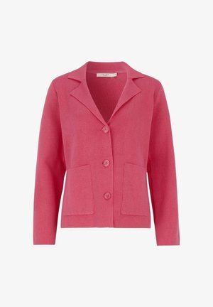 Roze gebreid vest met lange mouwen, drie knopen aan de voorkant, twee opgestikte zakken en een sjaalkraag.