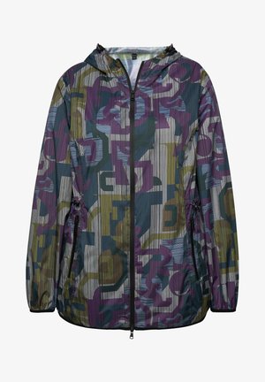 Chaqueta multicolor con capucha, cierre de cremallera y patrones geométricos abstractos en tonos de verde, púrpura y azul con un aspecto texturizado.