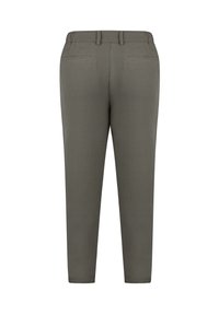 Slim-fit trousers in olive green with an elastic waistband, two back pockets, and tapered legs. Smooth, lightweight fabric texture.