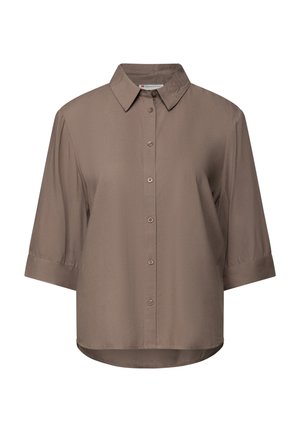 Bruine korte mouwen overhemd met een pointed collar, een gladde textuur en een rechte zoom. Bevat vijf knopen aan de voorkant.