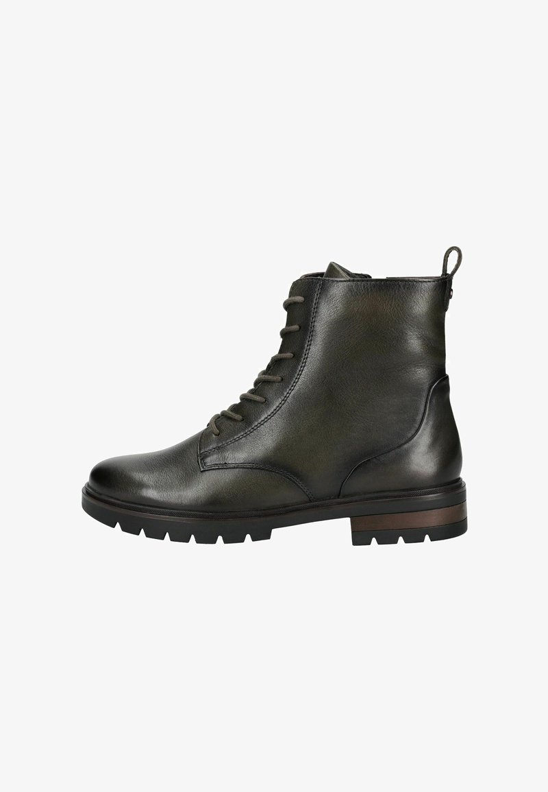 Botas de tobillo con cordones de cuero verde oscuro, con punta redonda, superficie texturada y suela de goma con un pequeño tacón.