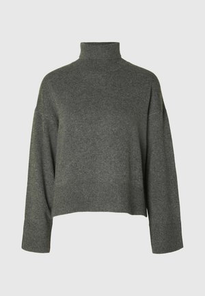 Tumehall villane kaelus-sviiter, millel on lühike disain, laiad varrukad ja soonikkoes äär. Pehme kudumise tekstuur, millel on minimaalne õmbluste ja detailide arv.