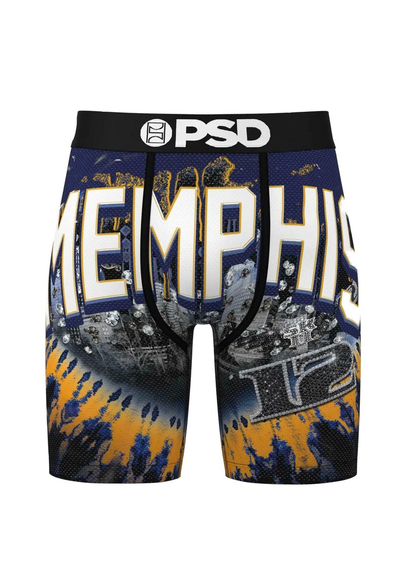 Boxeri bărbătești în nuanța navy, având cuvântul "MEMPHIS" scris cu litere albe și galbene îndrăznețe, însoțit de elemente grafice și un model texturat.