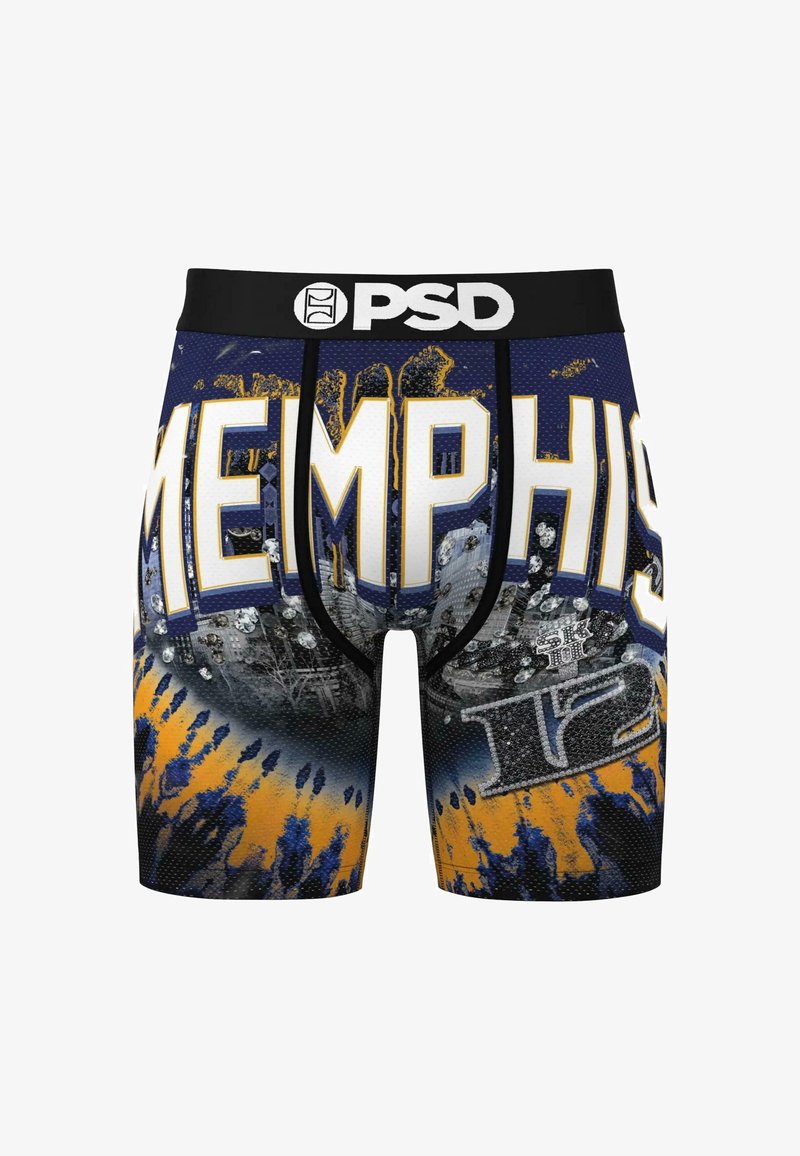 Férfi bokszoló alsónadrág sötétkék színben, a "MEMPHIS" szó vastag fehér és sárga betűkkel, grafikai elemekkel és texturált mintával.