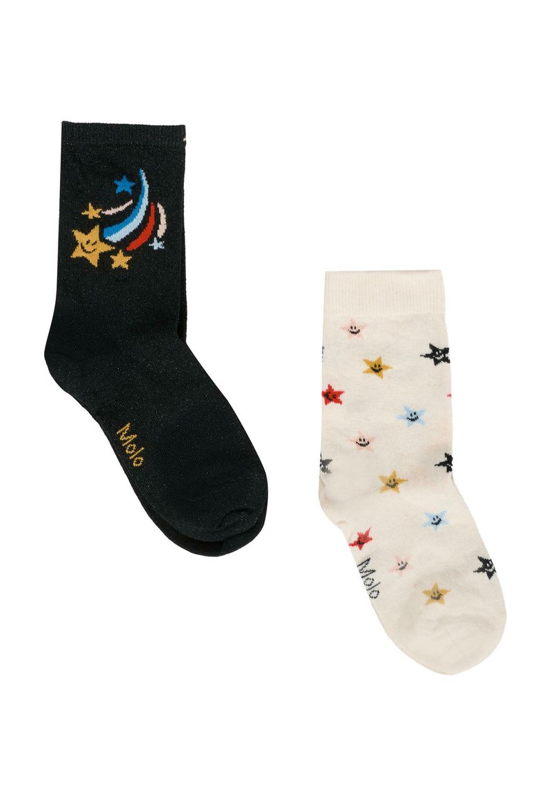 Un calzino nero con un design di stelle cadenti colorate e un calzino bianco con un motivo di stelle sorridenti multicolori, entrambi con il testo "Molo".