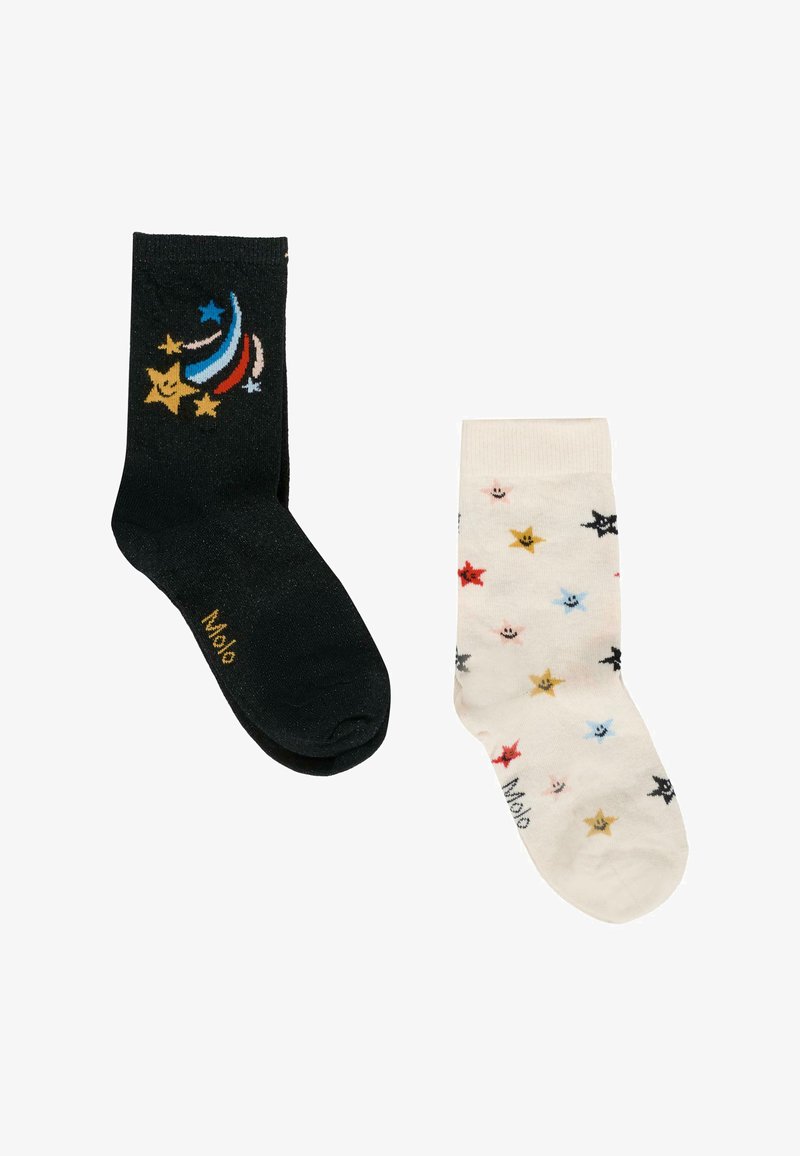Un calzino nero con un design di stelle cadenti colorate e un calzino bianco con un motivo di stelle sorridenti multicolori, entrambi con il testo "Molo".