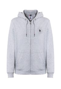 Felpa grigia con zip realizzata in un morbido tessuto testurizzato. Presenta un cappuccio, tasche frontali e un piccolo logo nero sul petto.