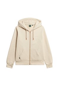 Hoodie beige zippé en matériau doux. Doté d'une capuche, de poches avant et d'un cordon de serrage, avec un branding subtil. Texture lisse avec des poignets côtelés.