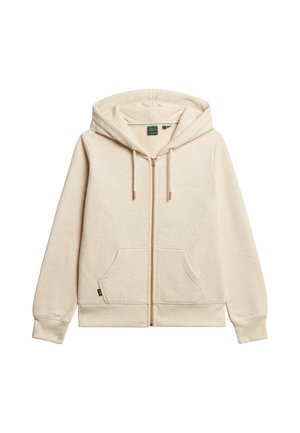 Beige Kapuzenpullover mit Reißverschluss aus weichem Material. Verfügt über eine Kapuze, Vordertaschen und einen Kordelzug, mit dezenten Branding. Geschmeidige Textur und gerippte Bündchen.