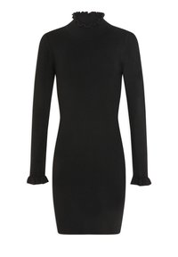 Robe en maille noire à manches longues, col montant à volants et poignets à volants. Coupe ajustée et texture lisse.