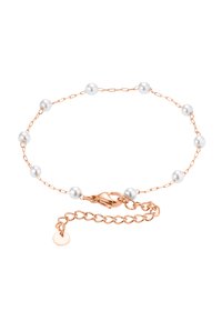 Ruusukullasta valmistettu ketjukaulaketju, jossa on pieniä valkoisia helmiä, lukko, joka on varustettu lobster-lukolla, ja säädettävä ketju, jossa on pyöreä riipus päässä.