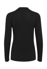 Schwarzes Langarmoberteil aus weichem, dehnbarem Stoff. Hat einen runden Halsausschnitt und eine figurschmeichelnde Silhouette mit glatten, nahtlosen Kanten.