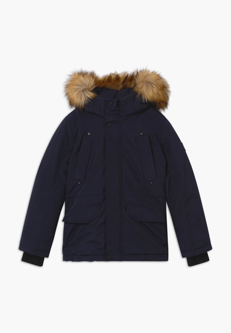 Marineblauwe geïsoleerde parka-jas met een capuchon gevoerd met bont, knoopsluiting aan de voorkant, twee borstzakken en gebreide boorden. Soepele textuur, mid-lengte ontwerp.