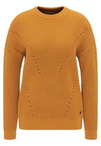 Sininen villapaita, jossa on pitkät hihat, pyöreä pääntie ja tekstuuri. Ominaisuuksiin kuuluu koristeellisia reikiä sekä resorit hihansuissa ja helmassa.