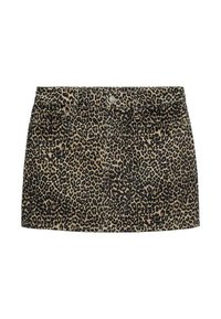 Džínová minisukně s leopardím potiskem, úzkým pasem, předním zapínáním na knoflíky a dvěma bočními kapsami, v béžovo-černé barevné kombinaci.