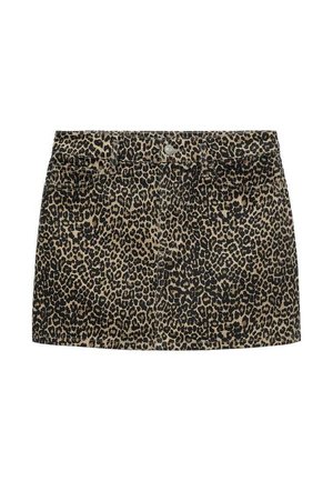 Gonna mini in denim con stampa leopardata, con vita aderente, chiusura davanti a bottoni e due tasche laterali, caratterizzata da una combinazione di colori beige e nero.