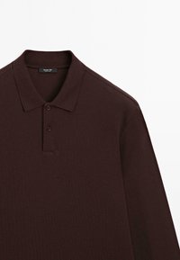Dark brown long-sleeve polo shirt with collar and two buttons, made of textured fabric, tag inside collar reads "Massimo Dutti."