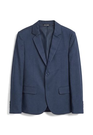 Donkerblauwe herenblazer met één knoop, met notch-revers, twee klepzakken, borstpaspelzak en gevoerde binnenkant.