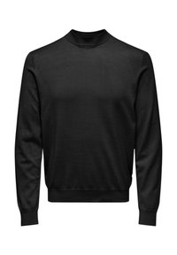Pullover nero a maniche lunghe con colletto a girocollo a coste, realizzato in tessuto a maglia liscia; presenta polsini e orlo aderenti.