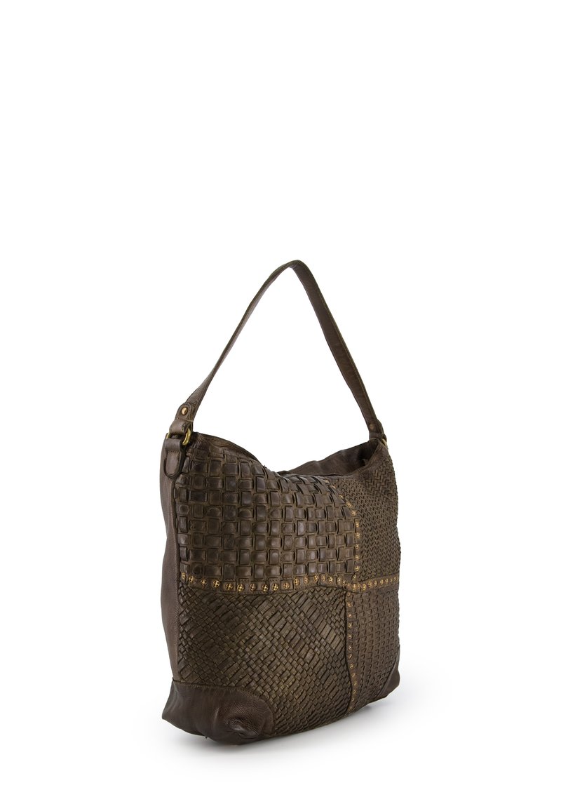 Brown leather shoulder bag with woven texture, featuring gold hardware accents and a slouchy shape. Distinct patchwork design with varied patterns.