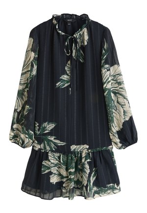 Dunkles, durchsichtiges Langarmkleid mit grün-beigem Blumenmuster, gerafftem Stehkragen, Bindverschluss und gesammeltem Saum.