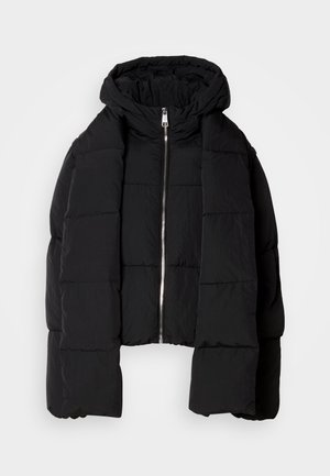 Black padded jacket with a hood, featuring a front zipper, large sleeves, quilted texture, and a cropped design.