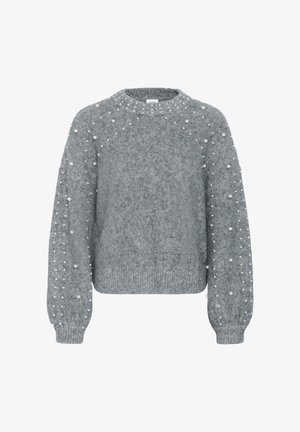 Pilkos megztos palaidinės su apvalia kaklo linija ir ilgomis rankovėmis, su dekoratyvinėmis perlamutrinėmis perliukėmis išbarstytomis ant pečių ir rankovių.