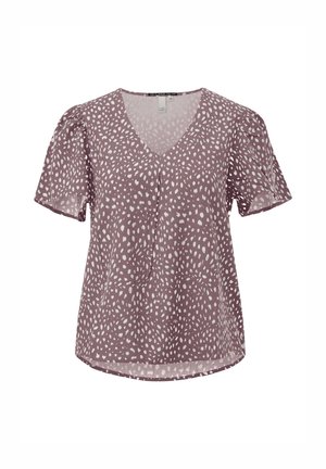 Blouse à manches courtes, en V, de couleur mauve avec un motif tacheté blanc. Matière légère avec une coupe décontractée et de subtils accents de volants sur les manches.