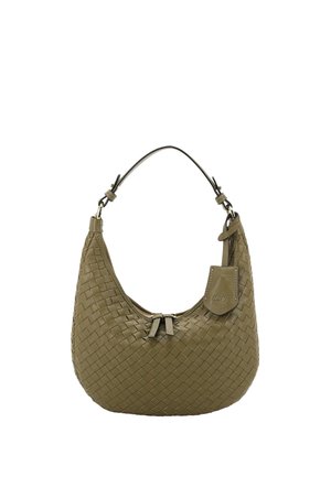 Olivgrüne gewebte Lederschultertasche mit abgerundeter Form, kurzem Träger, doppeltem Reißverschluss und angebrachtem Lederanhänger.