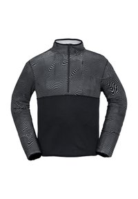 Zwarte pullover jack met een halve rits, gestructureerd ondergedeelte en een bovengedeelte met contrasterende witte golvende lijnpatronen.