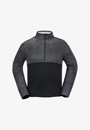Schwarze Pullover-Jacke mit einem halben Reißverschluss, strukturiertem unteren Bereich und einem oberen Bereich mit kontrastierenden weißen Wellenlinienmustern.