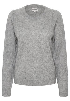 Grauer Pullover mit Rundhalsausschnitt, langen Ärmeln und gerippten Bündchen. Der Stoff wirkt weich mit einer leichten Textur und einer leicht lockeren Passform.