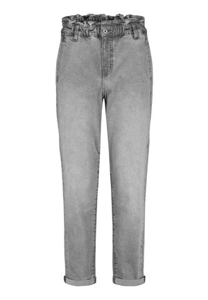 Graue Jeanshose mit einem rüschierten Bund, vorderem Knopf und hochgekrempelten Säumen. Sie verfügt über eine glatte Textur und ein klassisches Fünf-Taschen-Design.