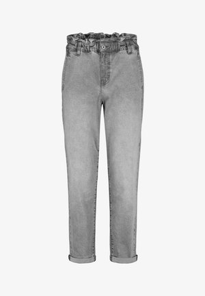 Gray denim pants with a ruffled waistband, front button, and cuffs rolled up. Features a smooth texture and classic five-pocket design.